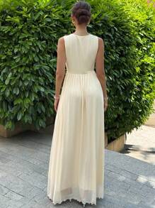 Aloruh 全新性感深 V 无袖褶皱腰 A 字裙，轻盈，适合派对、音乐节、鸡尾酒会 - 米色 - 查看 4