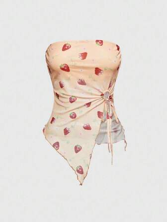 Kawaii Top tube d'été à ourlet asymétrique imprimé fraise, blouse en tissu tulle de style Y2K
