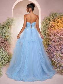 Glamrae Fustă maxi elegantă de lux, cu perle, paiete, dantelă florală, etichete, tifon, cu volane, sexy, bustieră, peplum, potrivită pentru nuntă, petrecere a burlacilor, vacanță, gală, rochie de seară formală (cu ornamente intense). - Gri Albastru - Vizualizare 3