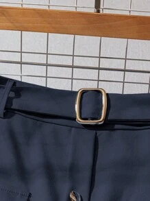 GlowEve 女士休闲通勤纯色前扣半身裙 - 藏蓝色 - 查看 3