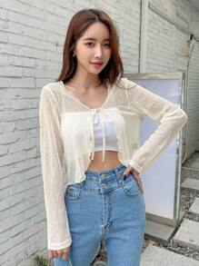 DAZY Solid Tie Front Sheer Top Without Camisole Long Sleeve Women Tops