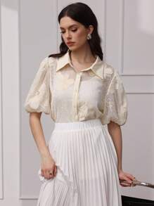 Modelyn Blusa transparente elegante con cuello, bordado de encaje en beige - Albaricoque - Ver 6