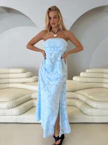 Roylia Women's Elegant Bandeau High Slit Blue Long Dress - Blue - View 3