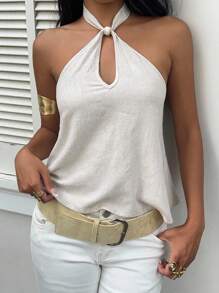 MainGRL 杏色女式露背挂脖梭织衬衫 - 卡其色 - 查看 5