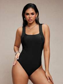 SHEIN Swim Women's One-Piece Solid Color Contrast Drawstring Sexy Beach Swimsuit, Summer New Style - Black - View 3