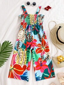Mono sin mangas con estampado floral para niña, de tela ligera, atuendo casual de verano/playa