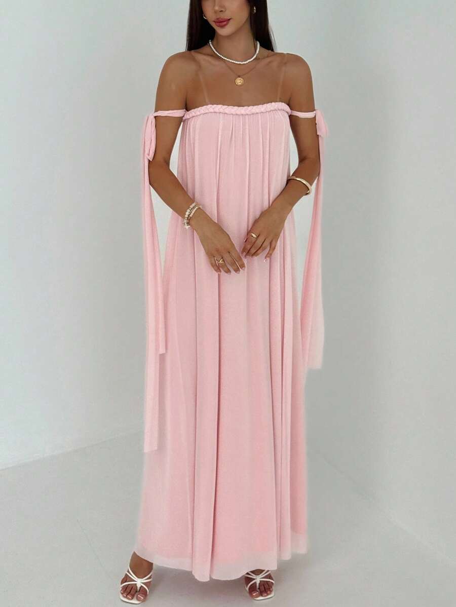 Aloruh 女士优雅浪漫纯色系带露肩宽松长款夏季连衣裙