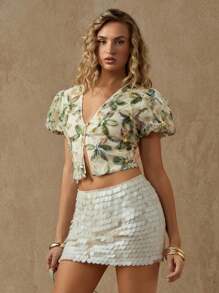 Glamine Blusa de mujer con escote en V, mangas abombadas y bordado floral verde, elegante y de moda para el verano