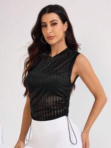 Easithlete Top sport scurt pentru femei, cu guler rotund, fără mâneci, cu șnur, în talie