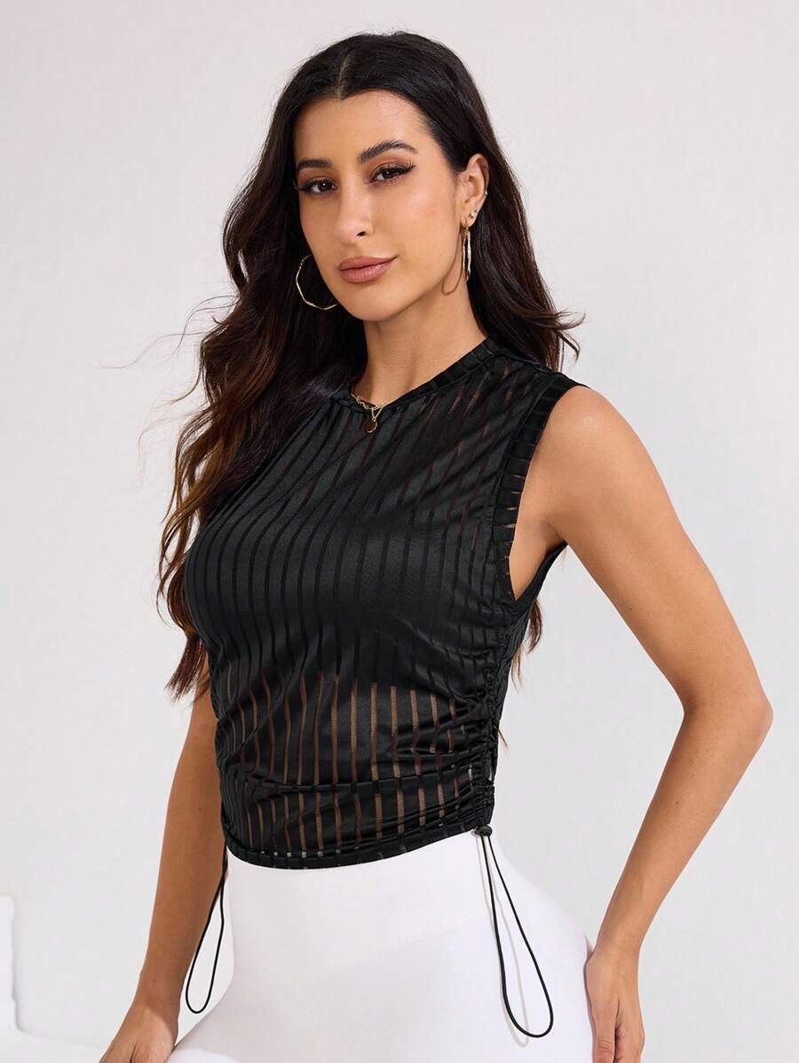 Easithlete Top sport scurt pentru femei, cu guler rotund, fără mâneci, cu șnur, în talie