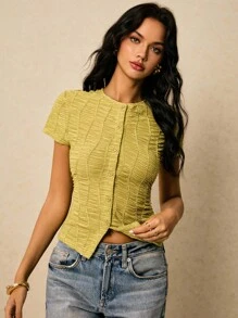 Poéselle Women's Summer Minimalist Textured Front Button Slim Fit Short Sleeve T-Shirt - Green - View 3