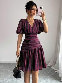 Elenzga Women's Elegant Zebra Print V-Neck Waist Ruched A-Line Flare Sleeve Midi Dress, Suitable For Commute, Afternoon Tea, Party, Easter, Middle East - Maroon - View 1