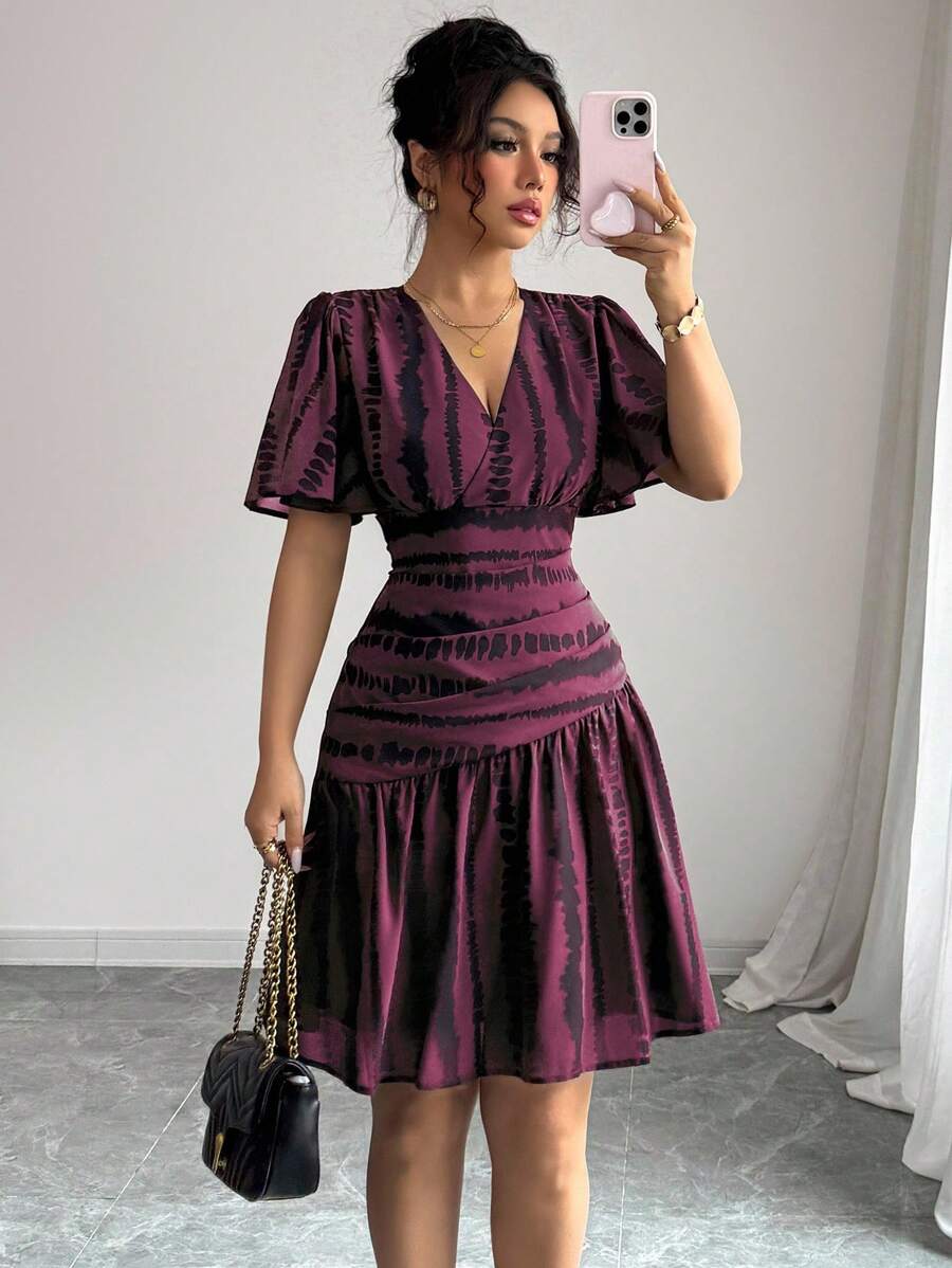 Elenzga Women's Elegant Zebra Print V-Neck Waist Ruched A-Line Flare Sleeve Midi Dress, Suitable For Commute, Afternoon Tea, Party, Easter, Middle East - Maroon - View 1