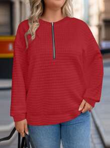 SHEIN LUNE Plus Size Women Solid Red Round Neck Half Zipper Design Texture Knit Sweatshirt Pullover, Versatile & Fashionable, Spring/Autumn For New Year Fall - Red - View 4