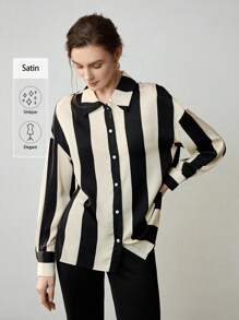 Uhlyne White Blouse,Business Casual,Work Wear Women,Office Outfits,Teacher Outfits For Women Collared Long Sleeve Striped Print Elegant Commuting Minimalist Women Shirt Fall Cloth For Women - Black - View 1