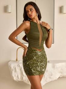 Vowa 时尚褶皱镂空拉链设计女士派对连衣裙 - 墨綠色 - 查看 5