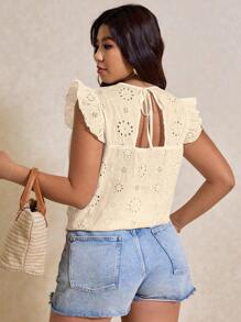 Elaquor 大码女式度假系带刺绣花卉印花盖袖休闲衬衫 - 杏色 - 查看 1