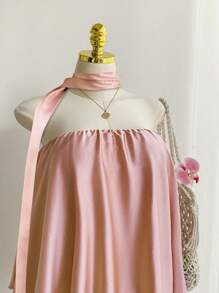 Comfortcana Spring Romantic Satin Strapless Crop Top & Midi Skirt 2 Pieces Set, Plus Size - Pink - View 1