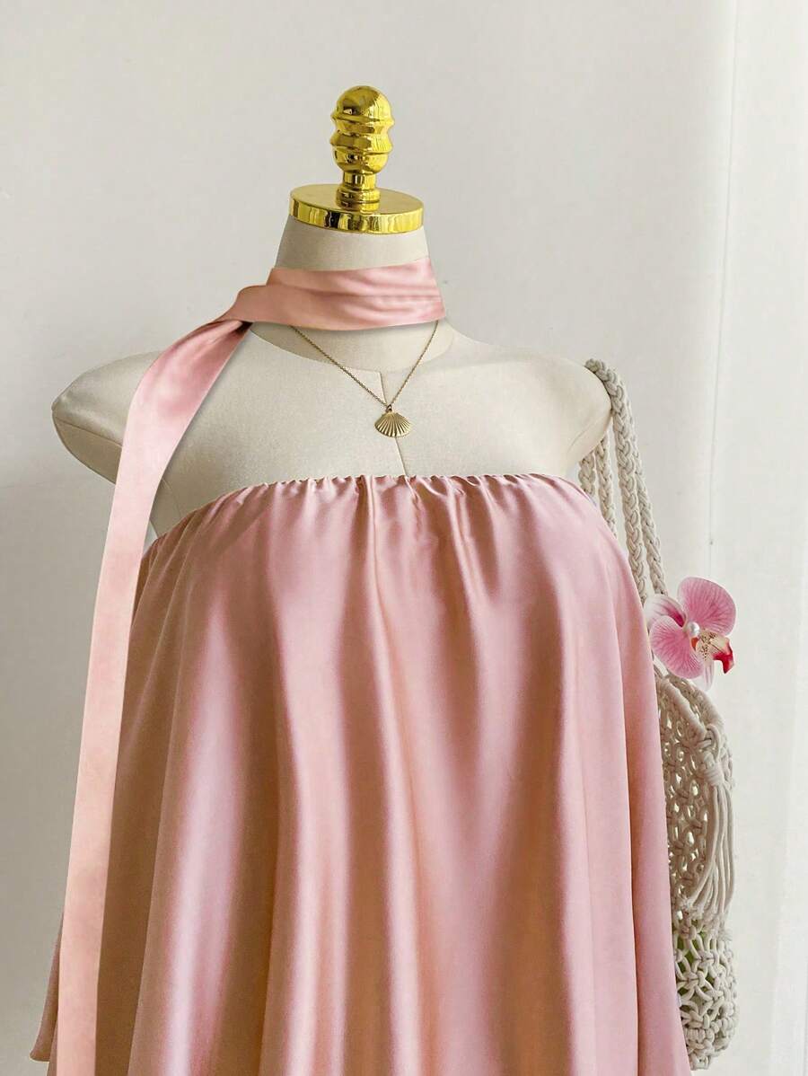 Comfortcana Spring Romantic Satin Strapless Crop Top & Midi Skirt 2 Pieces Set, Plus Size - Pink - View 1