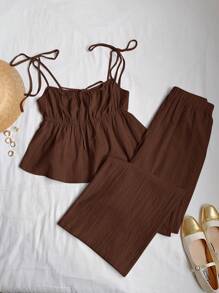 Comfortcana 棕色编织亚麻背心和裤子套装 - 棕色 - 查看 2