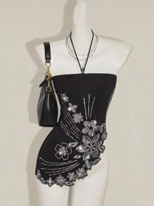 SHEIN ICON 女式夏季挂脖花卉刺绣时尚背心 - 黑色 - 查看 4
