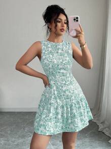 SHEIN Elenzya Váy ngắn không tay thắt lưng họa tiết hoa Pháp thanh lịch phong cách Bohemian mới dành cho nữ, trang phục cho mùa tốt nghiệp, mùa hè, mùa xuân - màu xanh lá - Xem 5