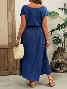 EMERY ROSE Damen Maxikleid mit rundem Ausschnitt, Taille mit Kontrast-Spitze, lässiger Vintage-Stil, für den Outdoor-Bereich