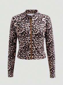 Teen Girl Leopard Print Zipper Front Short Jacket - Multicolor - View 1