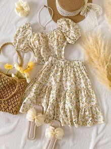 Girls Ditsy Floral Leisure Suit - Apricot - View 6