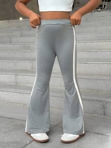 SHEIN Tween Girls Grey Contrast Trim Knitted Flared Leggings, Comfortable Casual Fashion Streetwear Flare Leggings Flared Sweatpants Flare Pants Bell Bottom Pants Wide Leg Leggings - Grey - View 2