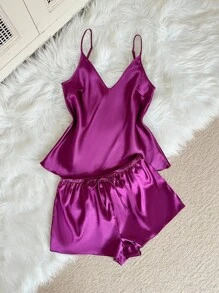 SHEIN 2 件女士性感深 V 吊带背心和短裤睡衣套装，优雅缎面，适合所有季节 - 紫色 - 查看 4