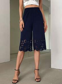 Women's Loose Burn-Out Capri Pants, Elegant Casual Shorts - Navy Blue - View 1