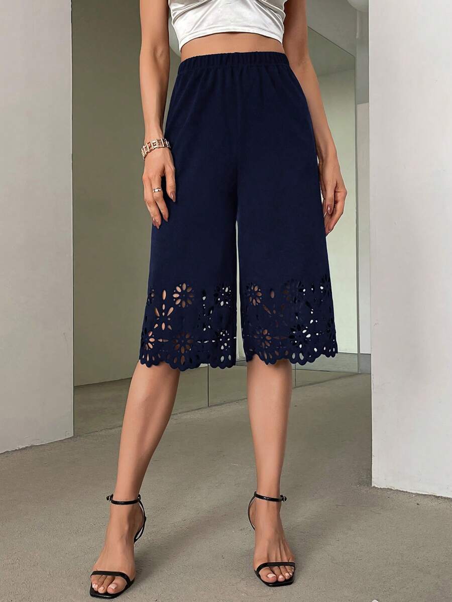 Women's Loose Burn-Out Capri Pants, Elegant Casual Shorts - Navy Blue - View 1
