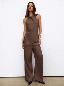 Aloruh 复古亚麻通勤露背上衣和裤子套装 - 棕色 - 查看 2