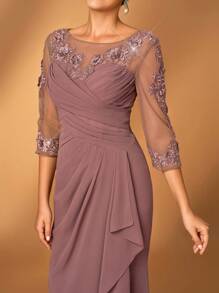 Serin 女士优雅灰粉色雪纺面料连衣裙，圆领透视长袖，褶饰，亮片贴花装饰，鱼尾裙摆，适合新娘母亲参加婚礼、正式活动、派对、母亲正式礼服 - 咖啡棕 - 查看 1