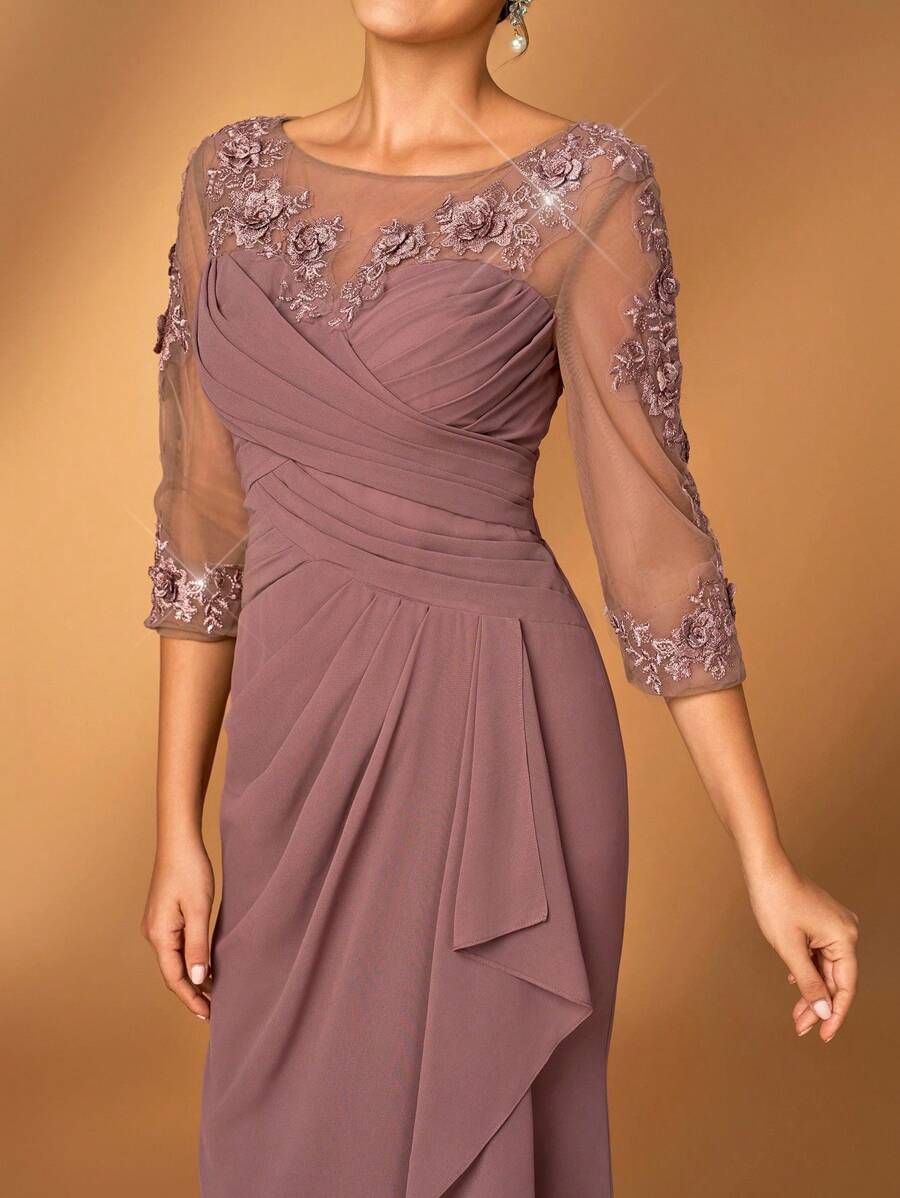 Serin 女士优雅灰粉色雪纺面料连衣裙，圆领透视长袖，褶饰，亮片贴花装饰，鱼尾裙摆，适合新娘母亲参加婚礼、正式活动、派对、母亲正式礼服 - 咖啡棕 - 查看 1