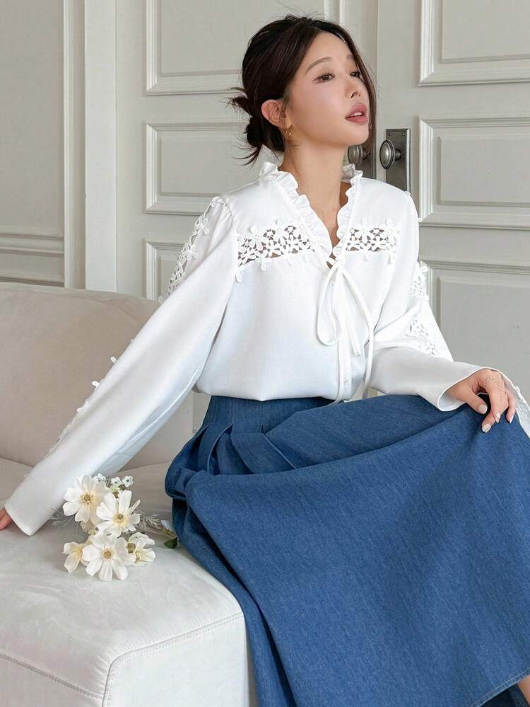 Loose Long Sleeve Elegant Blouse With Flare Sleeve Hem For Women, Chic & Graceful,Fall Clothes