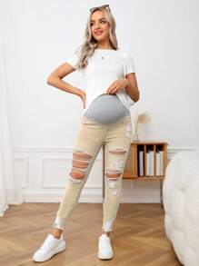 SHEIN Quần denim rách gối ôm vừa vặn cho bà bầu - Màu Khaki - Xem 3
