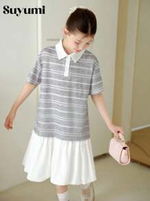 SHEIN Tween Girls Shirt Splicing Stripe Puff Skirt Suit, School Style, Suitable For Summer Casual Wear - Grey - View 8