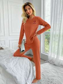 EURMUSE 100%Cotton Letter Embroidery Ribbed Knit Lounge Set - Redwood - View 4