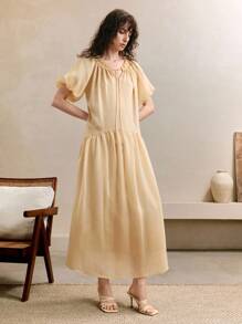 Arave Women's Viscose Fabric Summer Loose Casual Commuting Tie-Neck V-Neck Ruffled Lantern Sleeve Long Midi Dress,Butter Yellow Dress,Summer Dresses For Women,Casual Dresses For Woman,Flowy Dress,Modest Dresses For Women,Graduation Dresses For Women,Going Out Dress, Elegant Midi Dress,Wedding Guest Dress Women