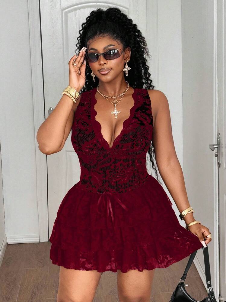 Maweii Vestido corto ajustado sin mangas con parches de encaje sexy y elegante, vestido evasé negro de talla grande para uso diario y citas - Burdeos - Añade 4