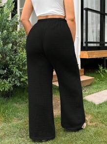 SHEIN EZwear Quần dài thường ngày có túi rút eo màu đen cỡ lớn - màu đen - Xem 2