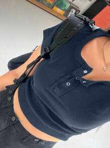 Dazy Plus Black Short Sleeve Casual Cropped T-Shirt With Wrap Front Placket - Navy Blue - View 1