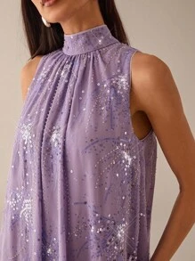 Lilora Elegantes und romantisches lila Chiffon-Pailletten-Minikleid ohne Ärmel, locker geschnitten, geeignet für Frühling/Sommer