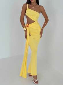 Aloruh Women's Summer Sexy Solid Color One Shoulder Hollow Ruched Draped Front Bodycon Dress - Yellow - View 3
