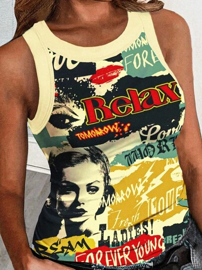 Slaydiva Plus Size Women Casual Basic Fitted Vintage Festival Poster Graphic Off Shoulder Camisole Graphic Tank Tops For Women Women Graphic Tees Women Tank Tops Summer Outfits For Women Suitable For Going Out