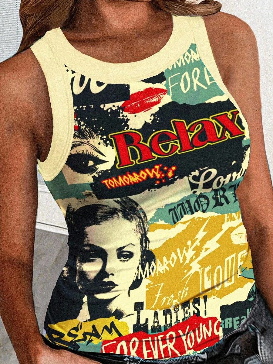 Slaydiva 大码女式休闲基本款修身复古节日海报图案露肩吊带背心女式图案背心女式图案T恤女式背心夏季女式外出服装 - 彩色 - 查看 1