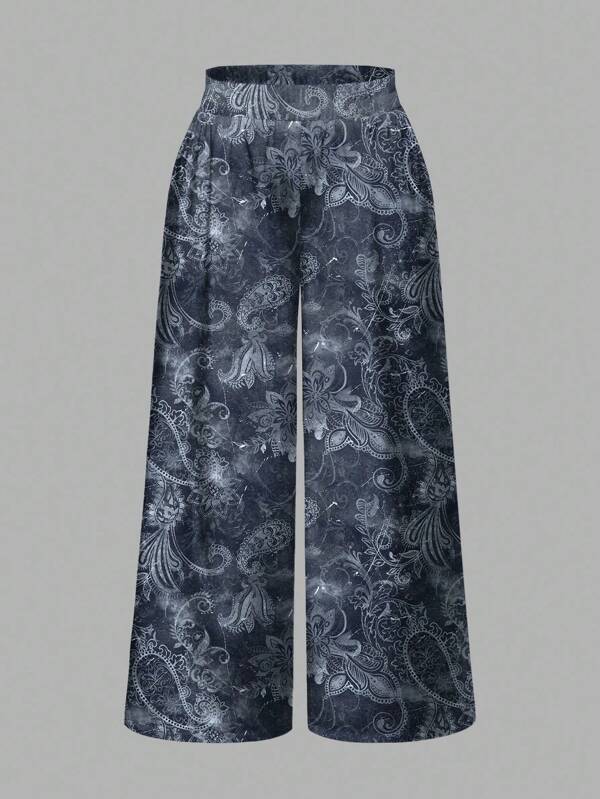 ROMWE Fairycore Hippie Witch Vacation Pattern Full Print Floral Plant Print Plus Size Wide Leg Loose Pants
