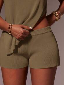Athîral 2pcs/Set Ladies' Solid Color Crew Neck Side Slit Hem Knitted Vest And Shorts - Camel - View 5